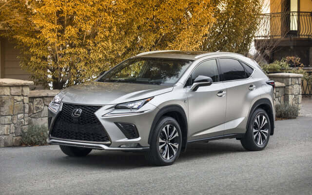 Silver Lexus NX300T parked on a scenic street with autumn foliage in the background.