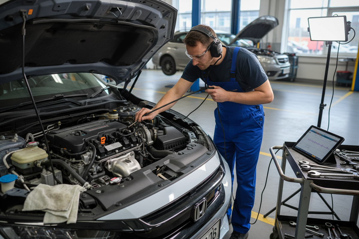 Mechanic using a diagnostic stethoscope to locate an engine noise