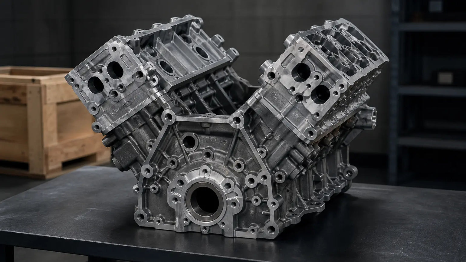 Bare V6 long block replacement engine on a workshop bench