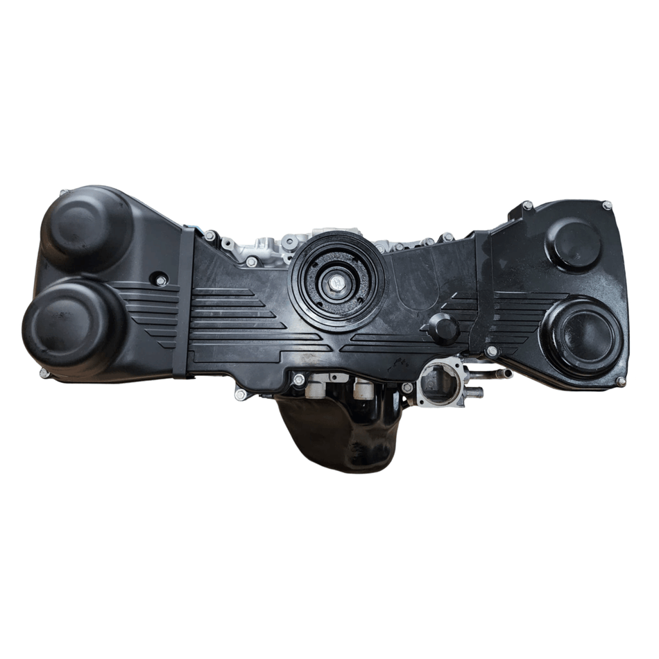 Remanufactured 2006-2014 Subaru Impreza WRX EJ25T engine top view with black finish.