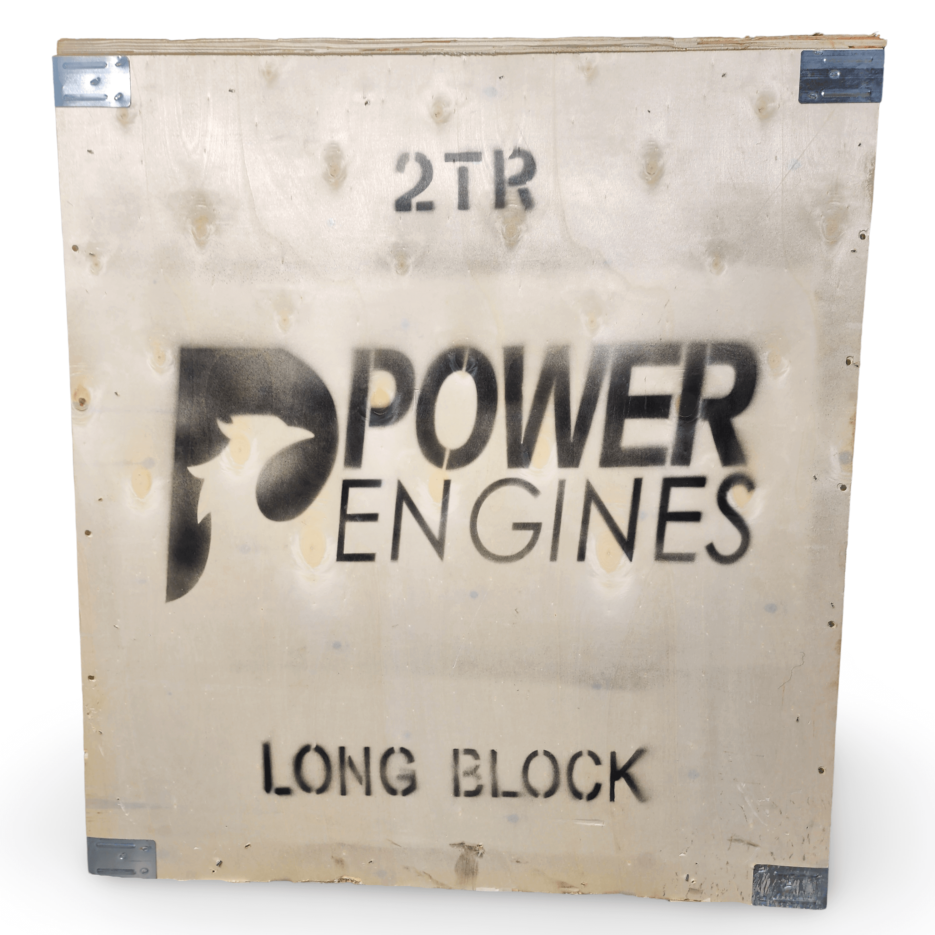 Shipping crate featuring Power Engines logo for 2TR long block engine assembly