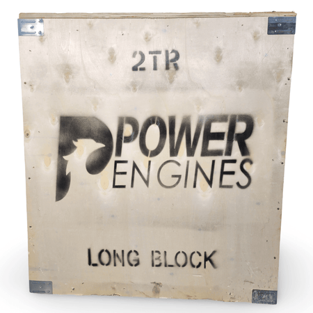 Shipping crate featuring Power Engines logo for 2TR long block engine assembly