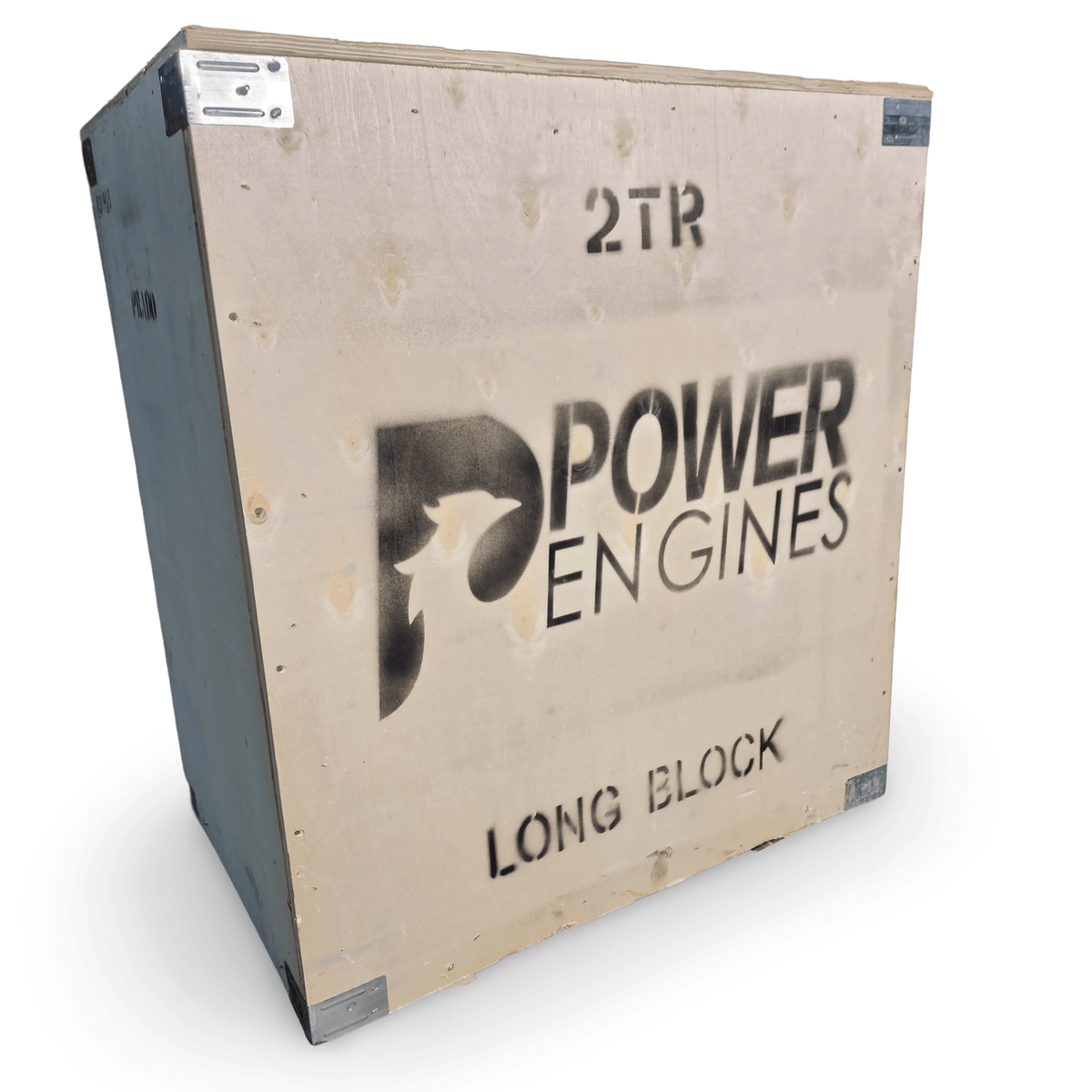 Wooden crate labeled Power Engines 2TR Long Block for Toyota Land Cruiser engine.