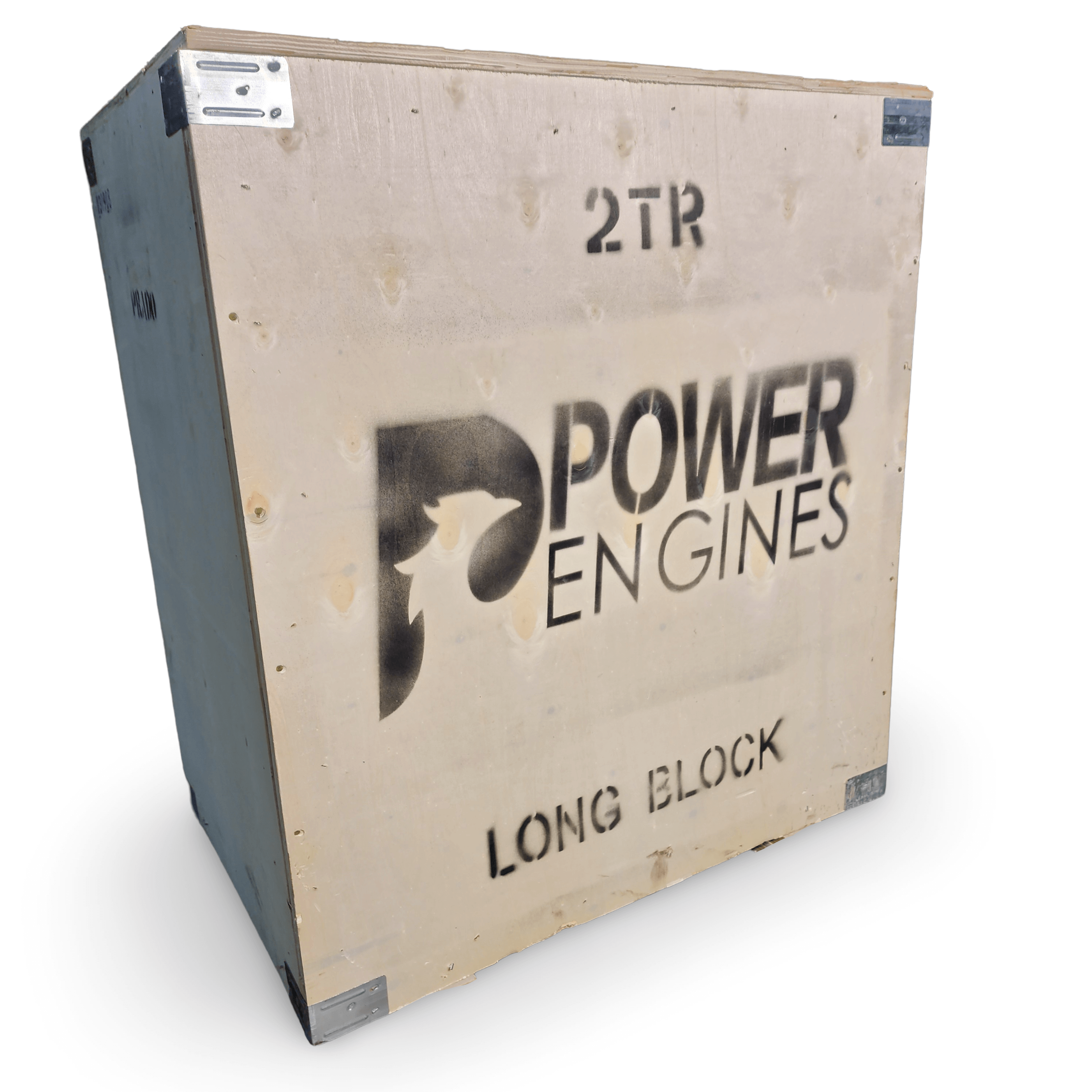 Wooden crate labeled Power Engines 2TR Long Block for Toyota Land Cruiser engine.
